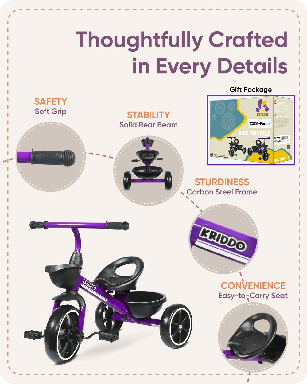 KRIDDO Kids Tricycle made with BPA-free materials and matte non-toxic paint for safety.
