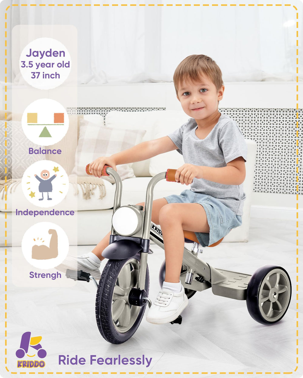 KRIDDO kids tricycle side view shows grey frame for outdoor adventures.