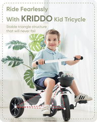 KRIDDO Kids Tricycle side view highlights balanced wheelbase for learning.
