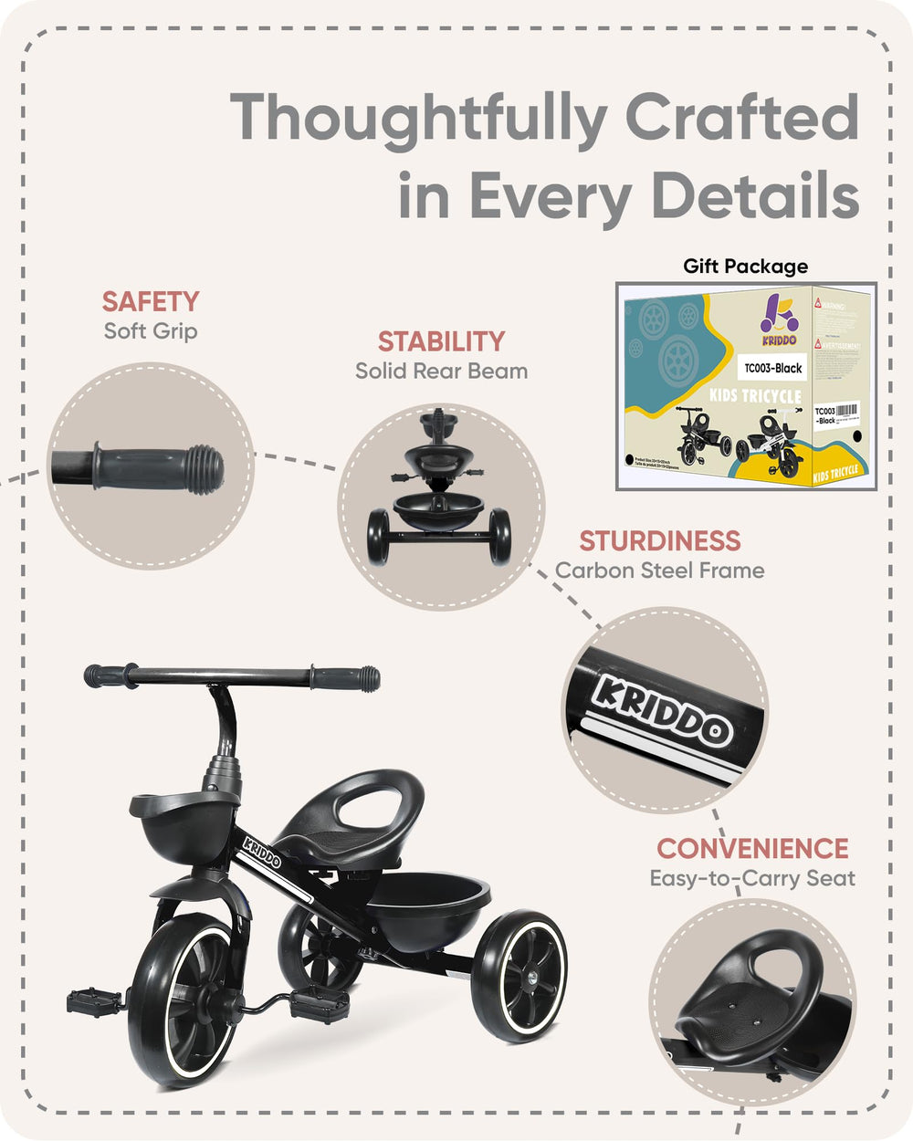 KRIDDO Kids Tricycle silent wheels for indoor use without floor damage.