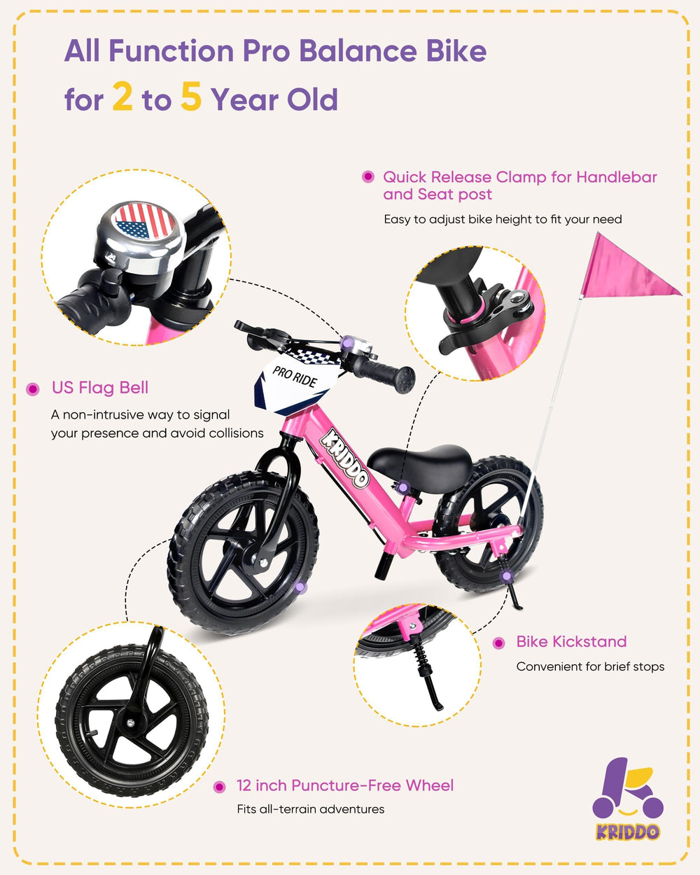 KRIDDO Pro all-terrain tires provide grip on grass and sidewalks.