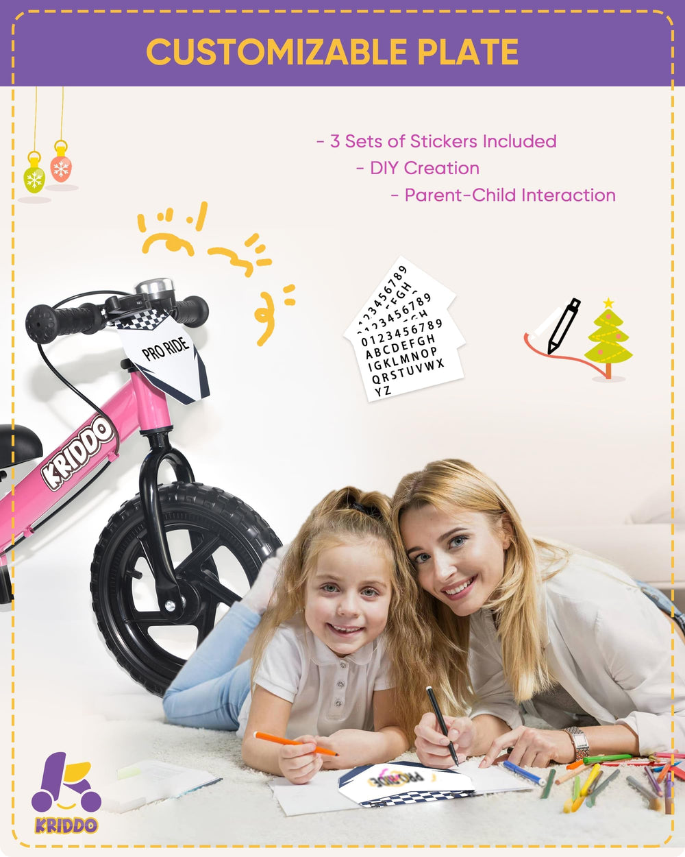 KRIDDO Pro customizable plate encourages kids to personalize their ride.
