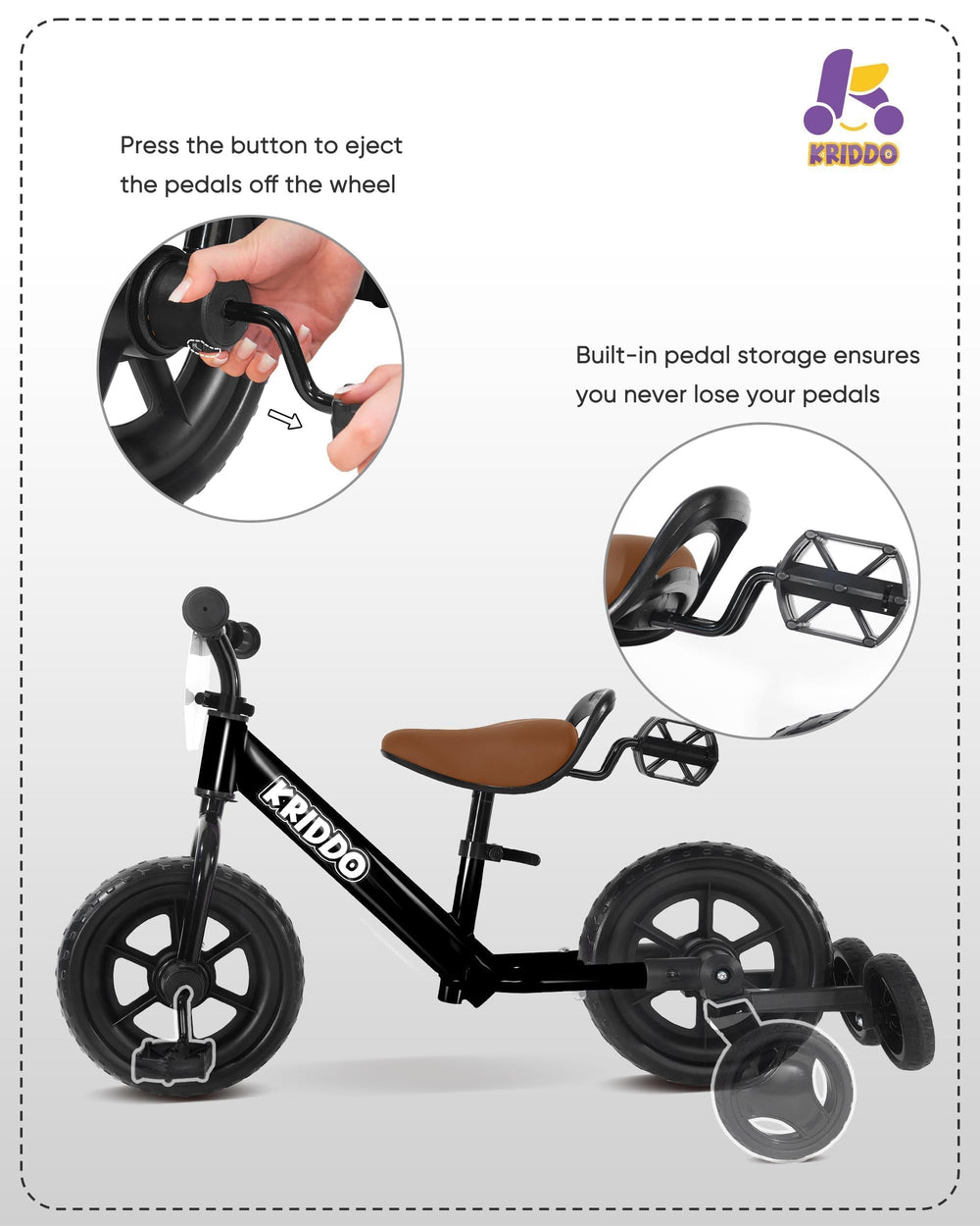 KRIDDO stowable training wheels flexibly stored for future use