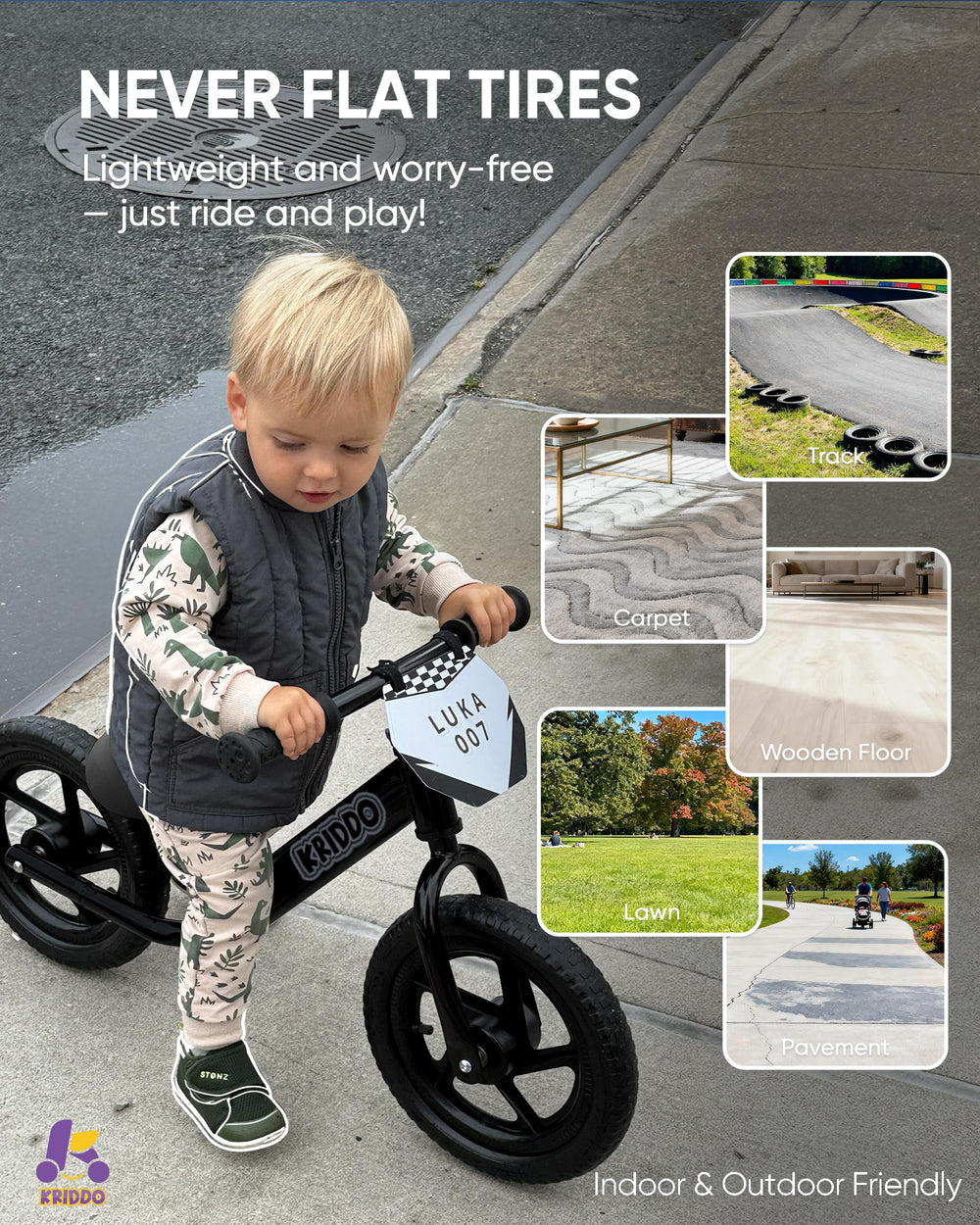 KRIDDO adjustable handlebar and seat height for growing children.