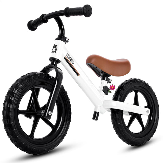 KRIDDO toddler balance bike front view with 12-inch all-terrain tires for outdoor fun