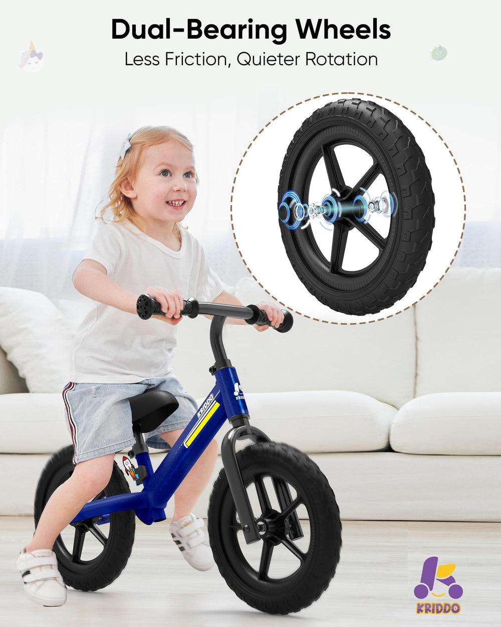 KRIDDO balance bike lightning plate under seat sparks imaginative riding