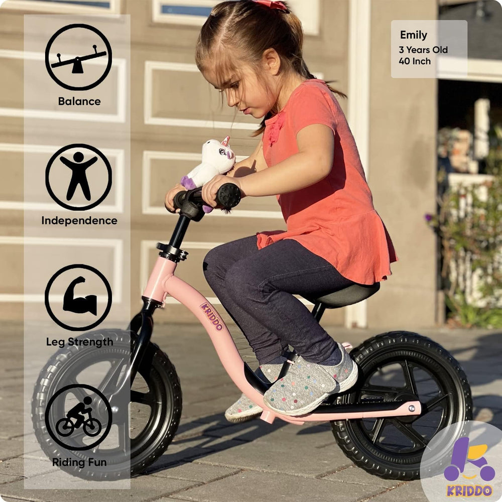 KRIDDO pink side view balance bike highlights easy steering for young riders