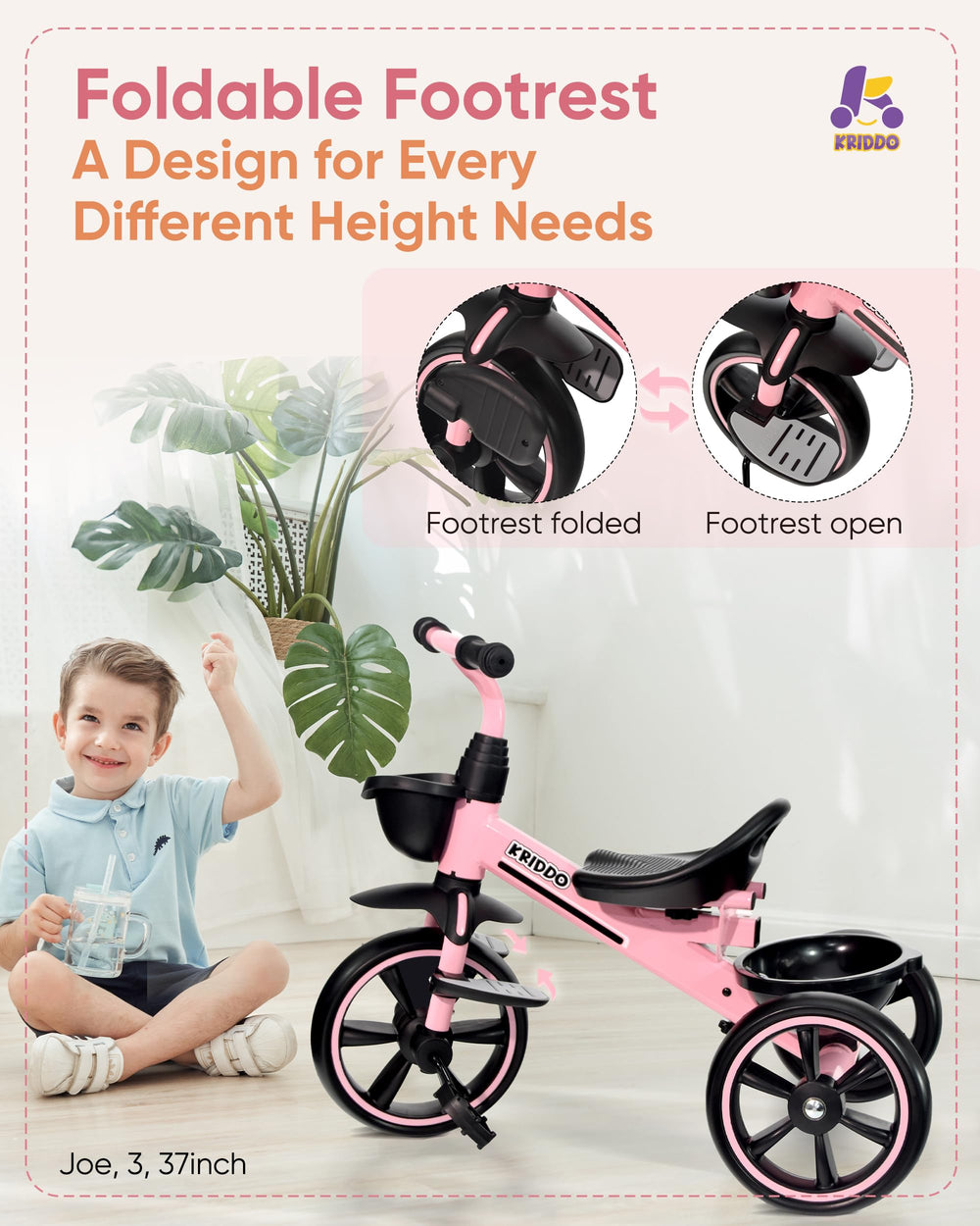 KRIDDO toddler tricycle with adjustable seat and comfy grips for small riders