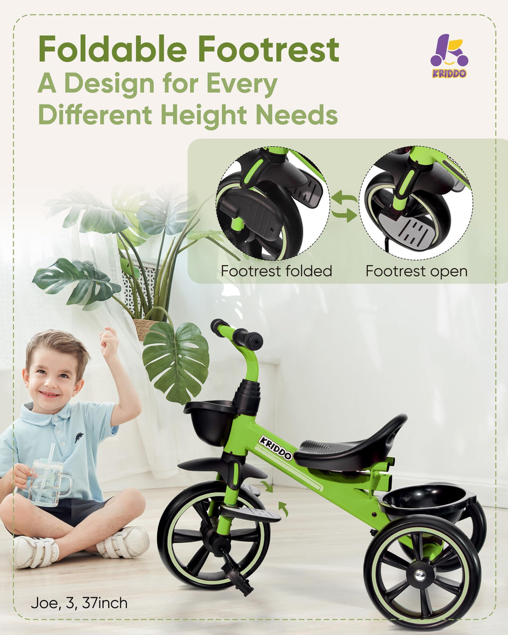 KRIDDO tricycle features comfy seat and ergonomic grips for small hands
