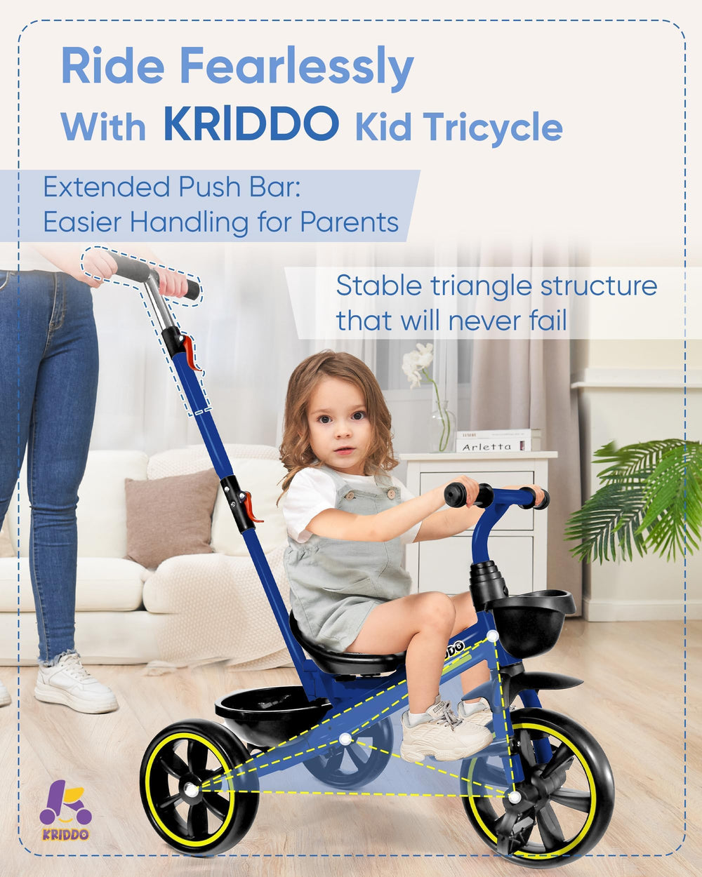 KRIDDO durable frame ensures sturdy rides for kids aged 18 months to 5 years.