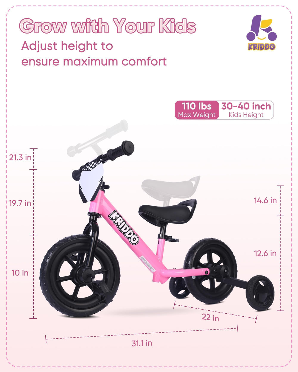 KRIDDO tool-free height adjustment helps parents find the right fit.