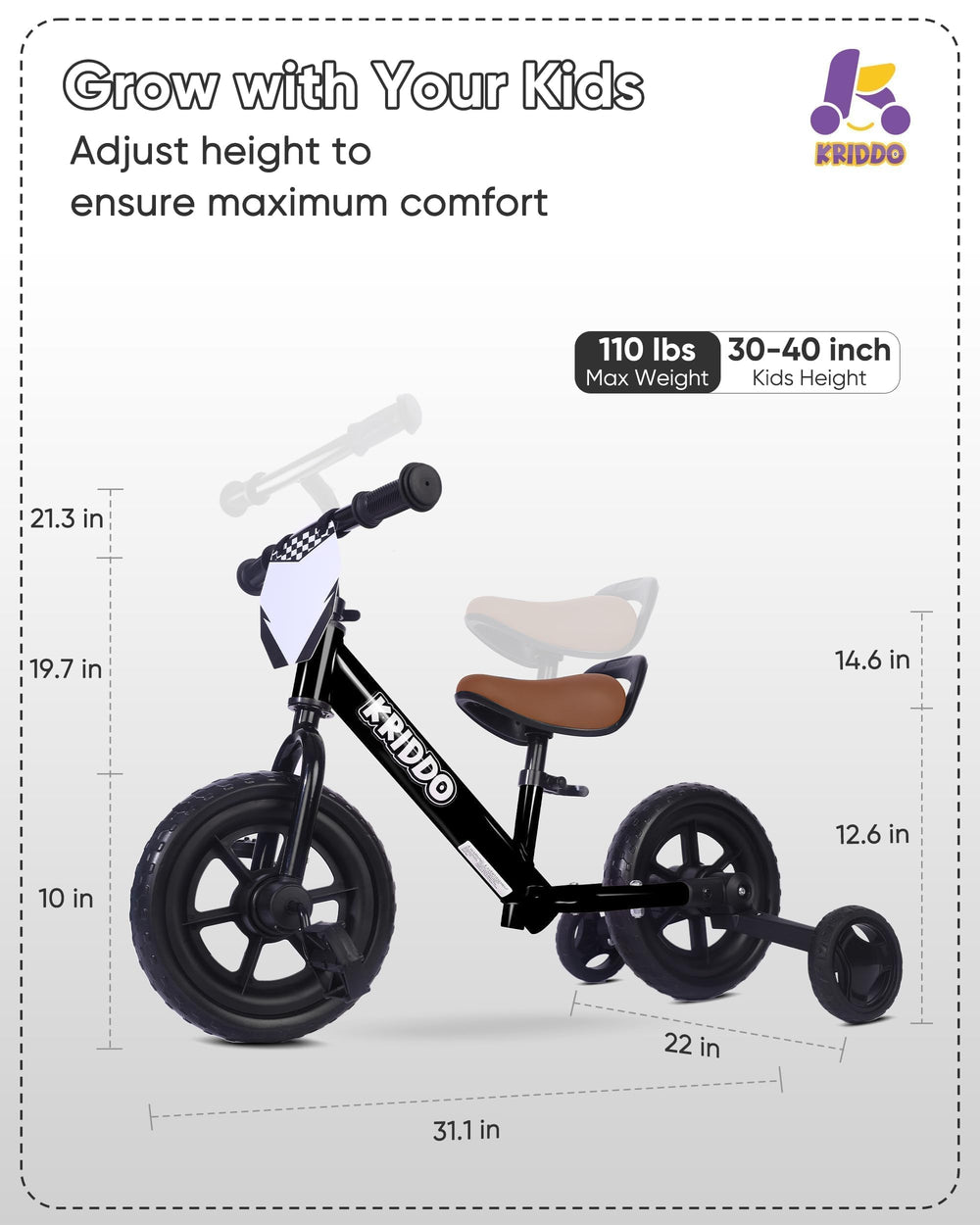 KRIDDO tool-free seat and handlebar adjustments for growing kids
