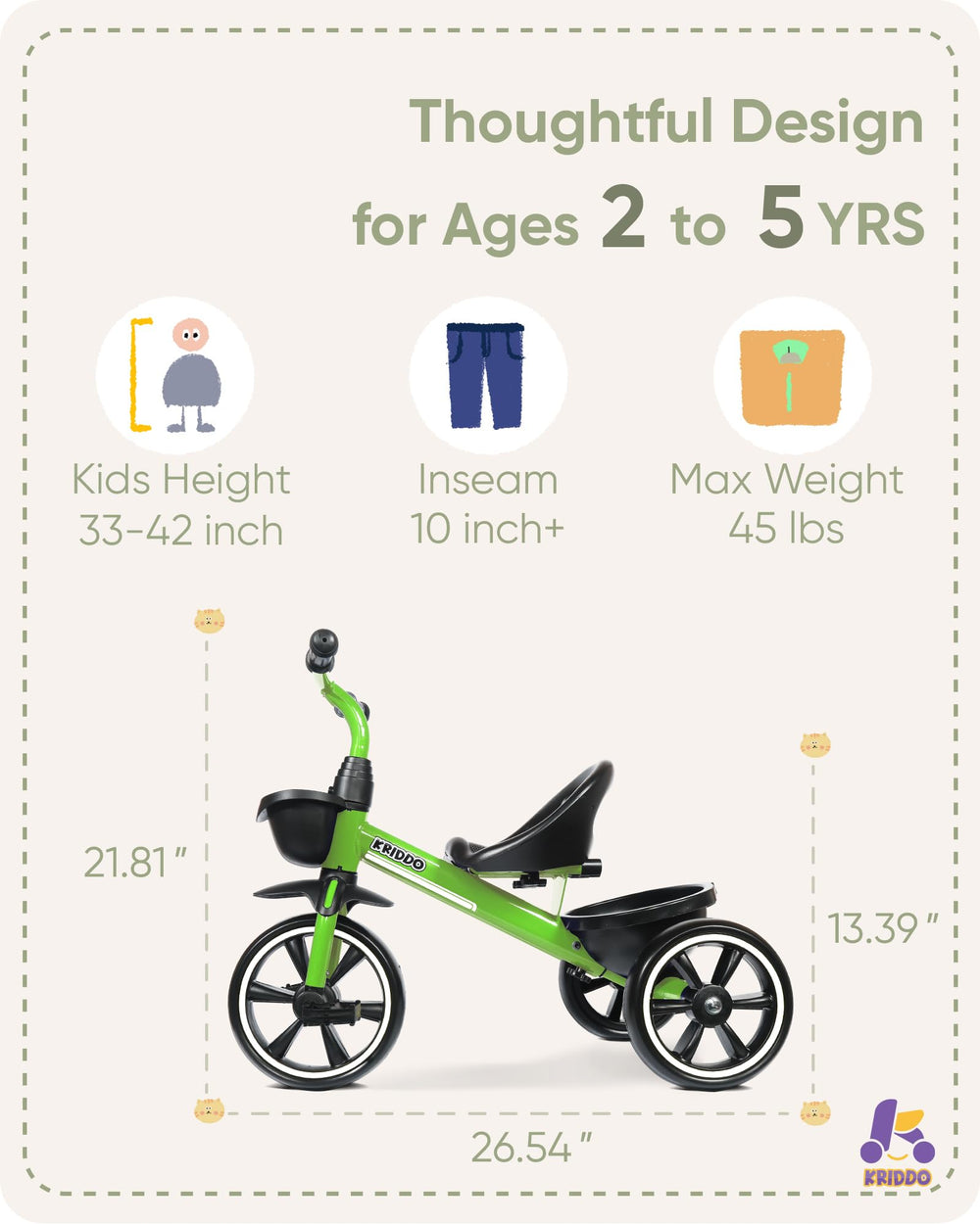 KRIDDO ergonomic seat and grips boost comfort during practice rides.