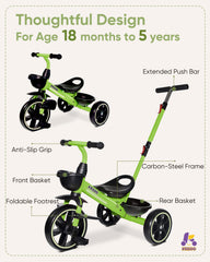 KRIDDO 2-in-1 tricycle supports kids aged 18 months to 5 years in green