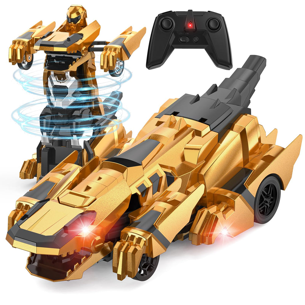 Kroyedfuw Dinosaur Transform RC Car front view with flashing lights for playtime.