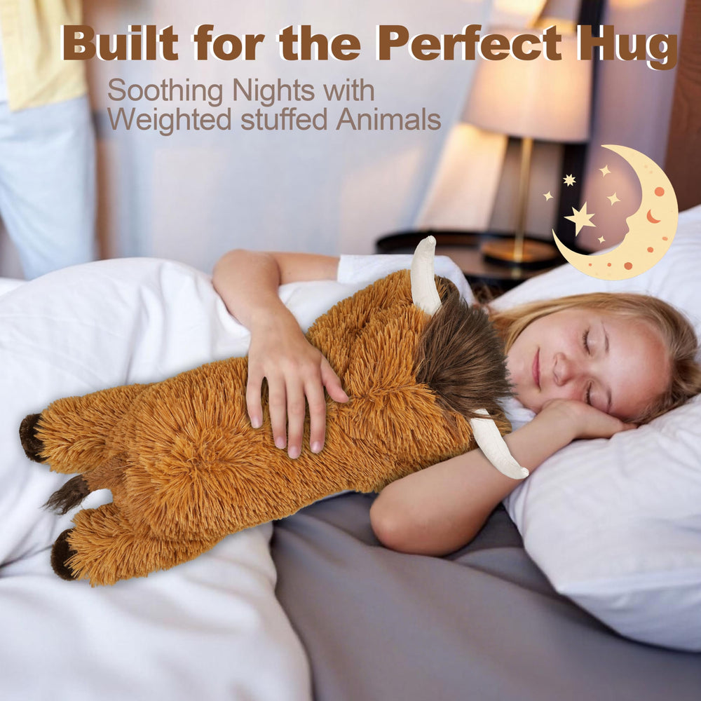 Ksidzas Highland Cow weighted plush offering a steady, comforting hug.