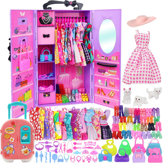 K.T. Fancy 83 Pcs set featuring purple closet wardrobe for organized dress up play