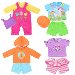 KT Fancy four-set outfits with rainbow horse pattern for 16-18 inch dolls, ideal for imaginative play.