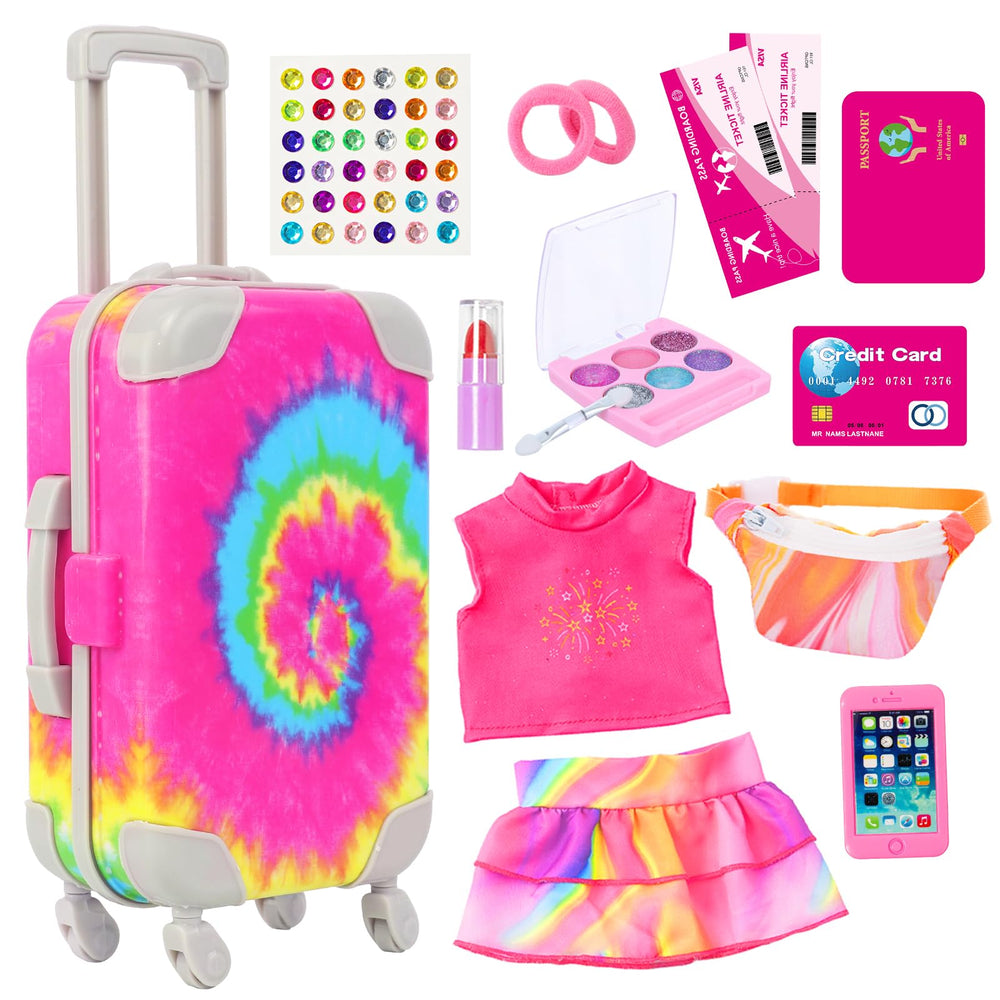KT Fancy rainbow tie-dye suitcase with wheels for mobile doll travel play