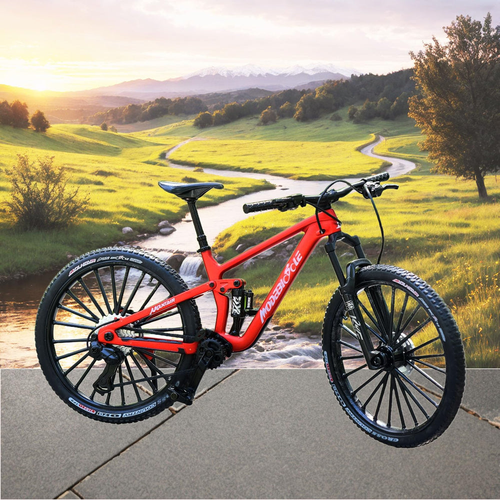 Kuasting 1:8 scale mountain bike model, side view, compact collectible for shelves.
