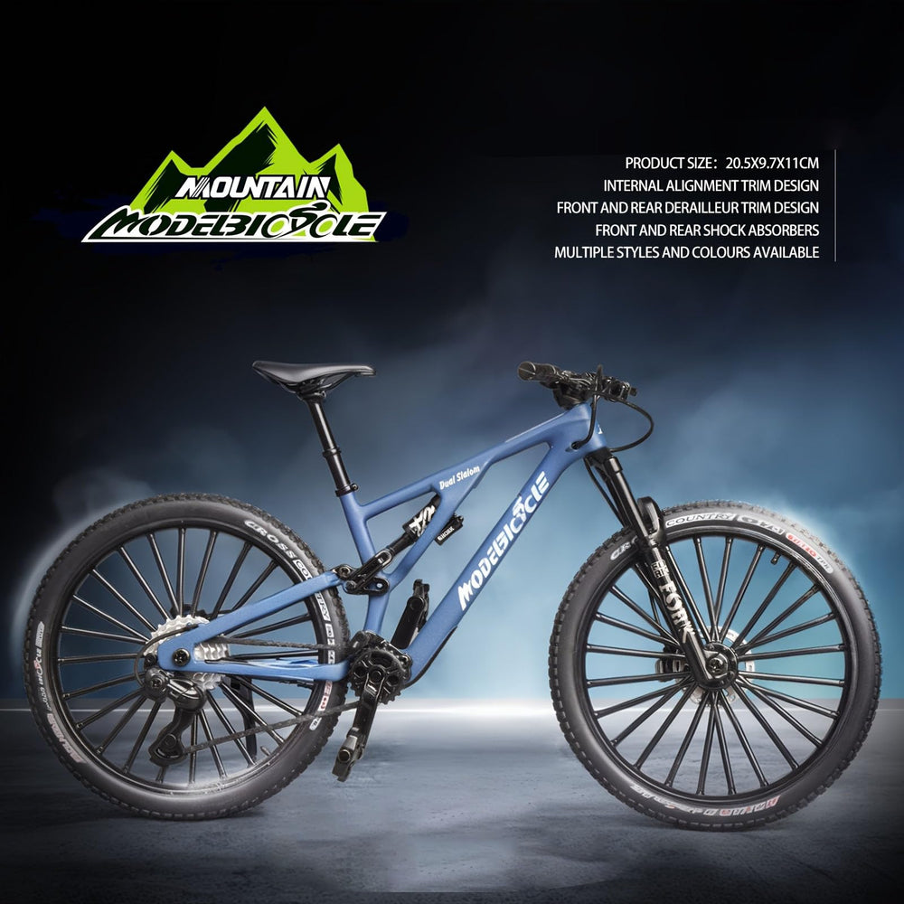 Kuasting blue die-cast mountain bike front view highlighting steering elements