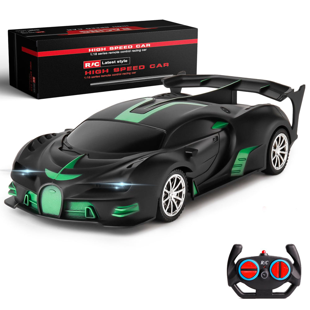 KULARIWORLD RC car 1/18 green and black front view with vivid headlights for night play.