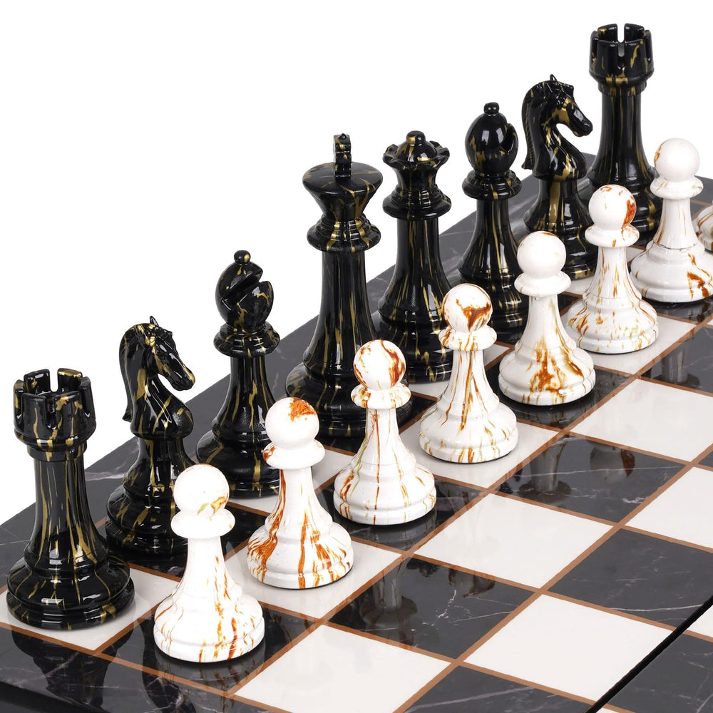 Kvintes weighted acrylic chess pieces offer durability and elegant table presence.