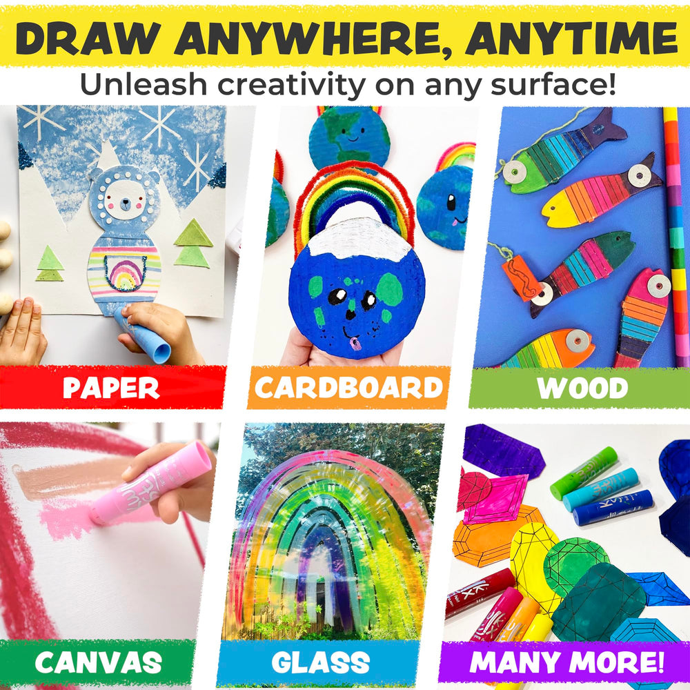 Kwik Stix Cuties on posters, canvas, and wood show versatility.