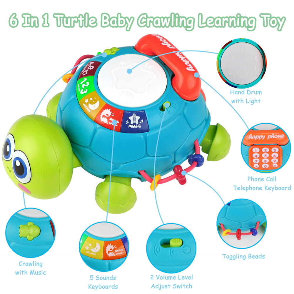 KWYZ Musical Turtle Crawling Toy buttons and LED lights for sensory play.