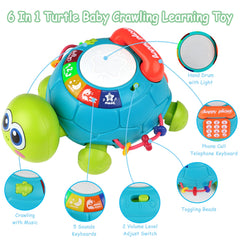 KWYZ Musical Turtle Crawling Toy buttons and LED lights for sensory play.
