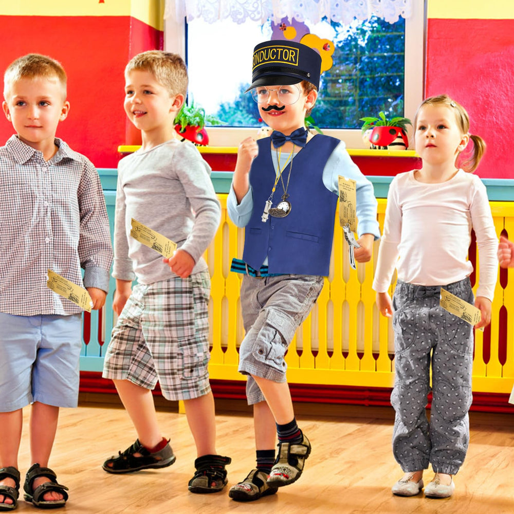 Kyson train-conductor beard adds playful detail to the ensemble for pretend play.