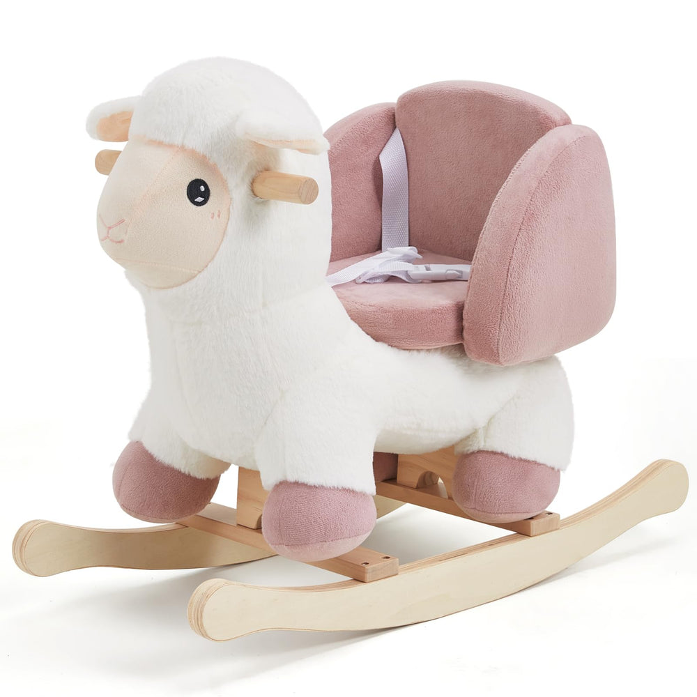 Labebe baby sheep rocking horse front view with secure safety harness for safe play.