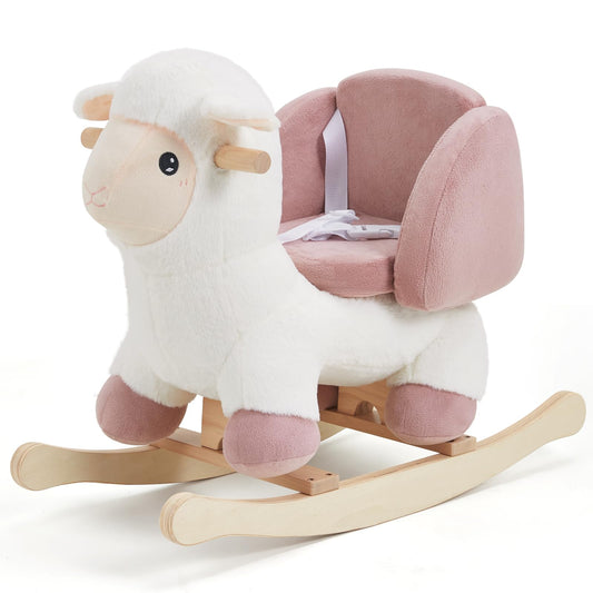 Labebe baby sheep rocking horse front view with secure safety harness for safe play.