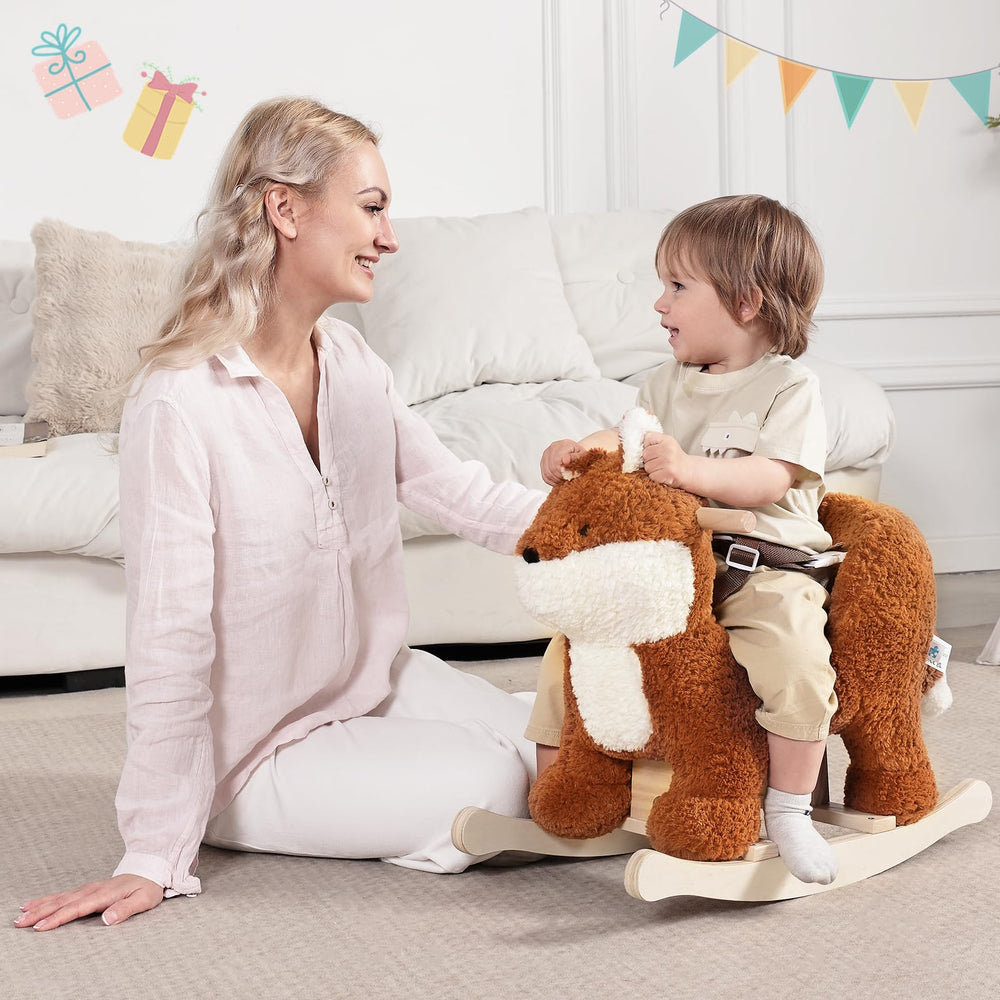 Labebe fox rocking horse with rattling ears stimulates baby's hearing.