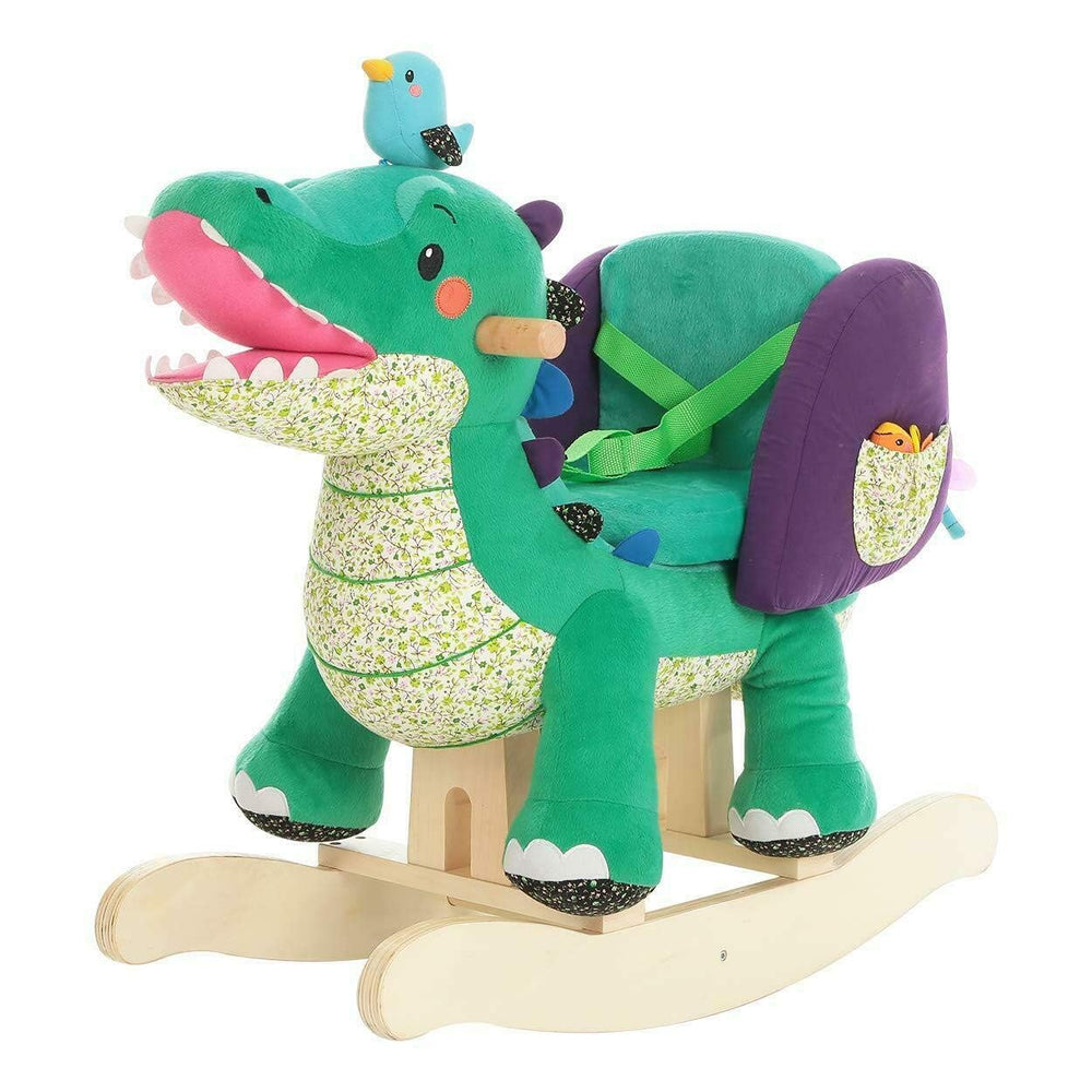 Labebe green crocodile rocker front view with sturdy wooden frame for lasting play.