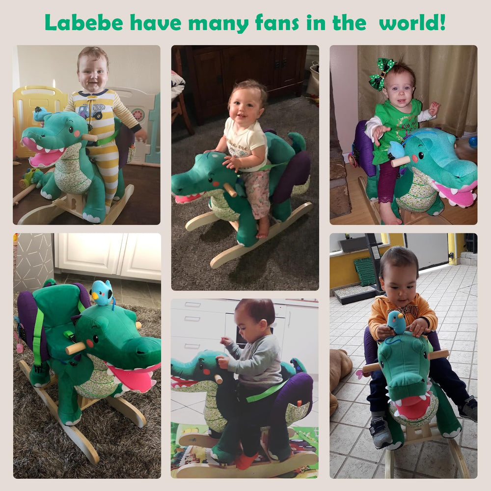 Labebe green crocodile rocker plush face highlighting soft fabric and friendly expression.