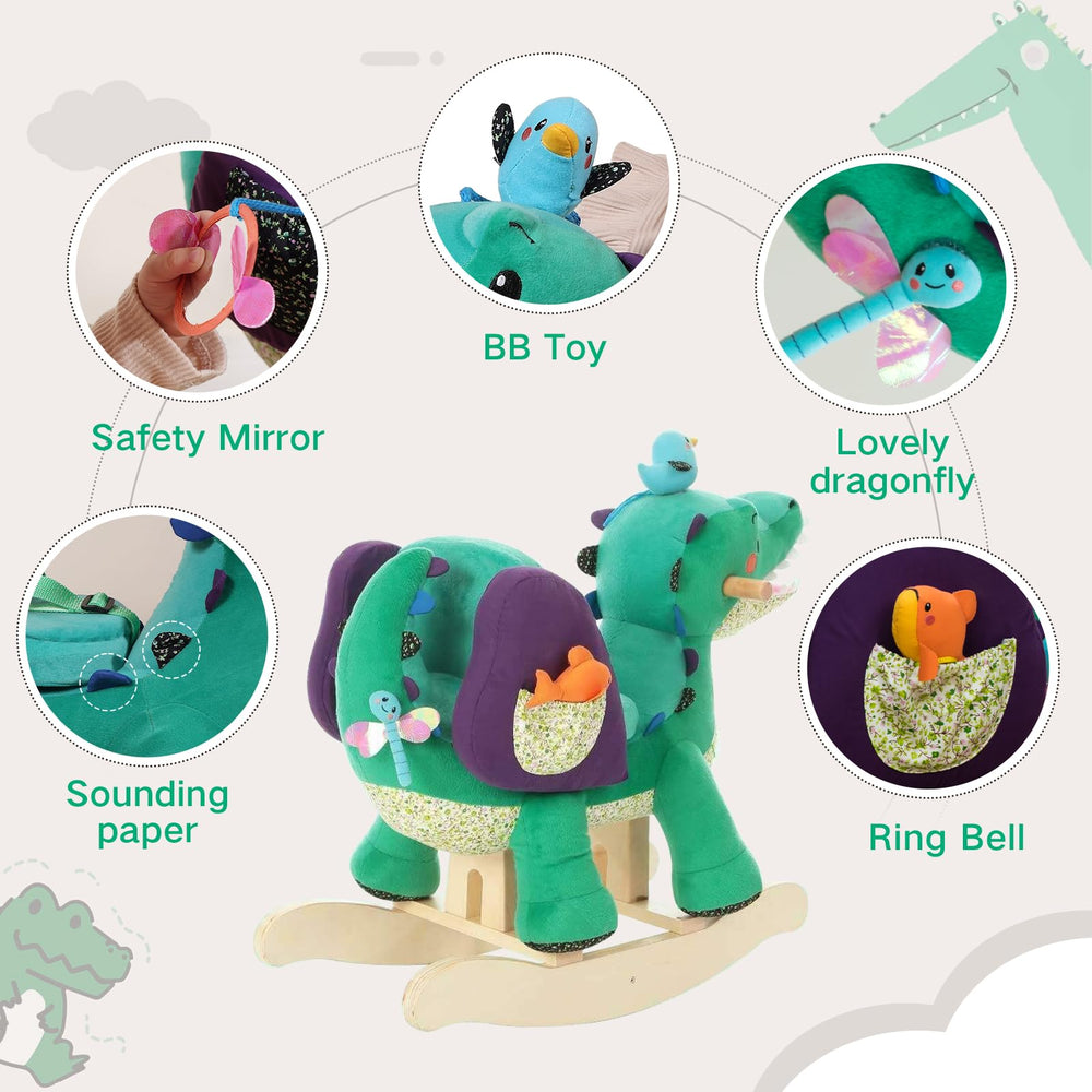 Labebe green crocodile rocker safety belt ensures secure seating during play.