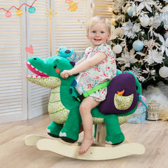 Labebe green crocodile rocker seat closeup emphasizing plush padding and safety belt.