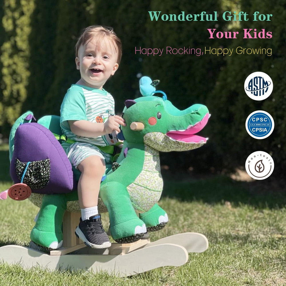 Labebe green crocodile rocker wooden rail detail for gentle, kid-friendly rocking.