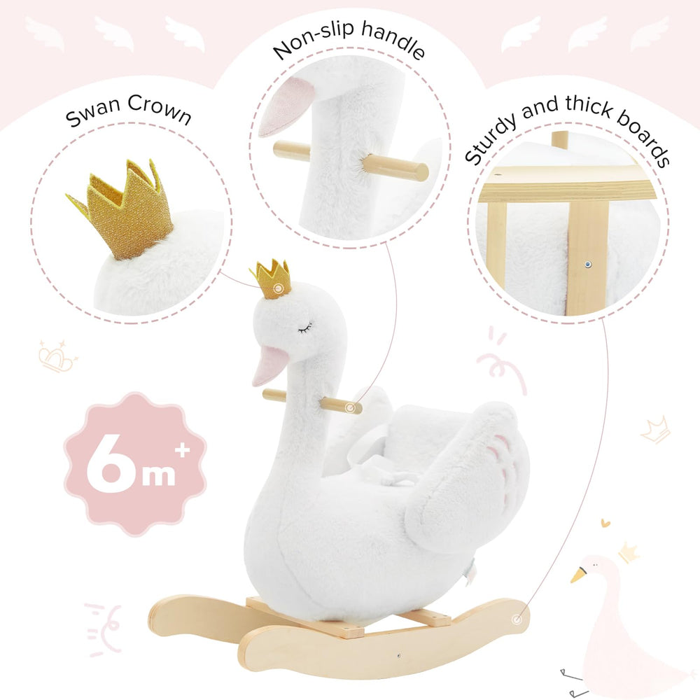 Labebe Kids Rocking Horse White Swan materials shot underscores certified safe fabrics and wood