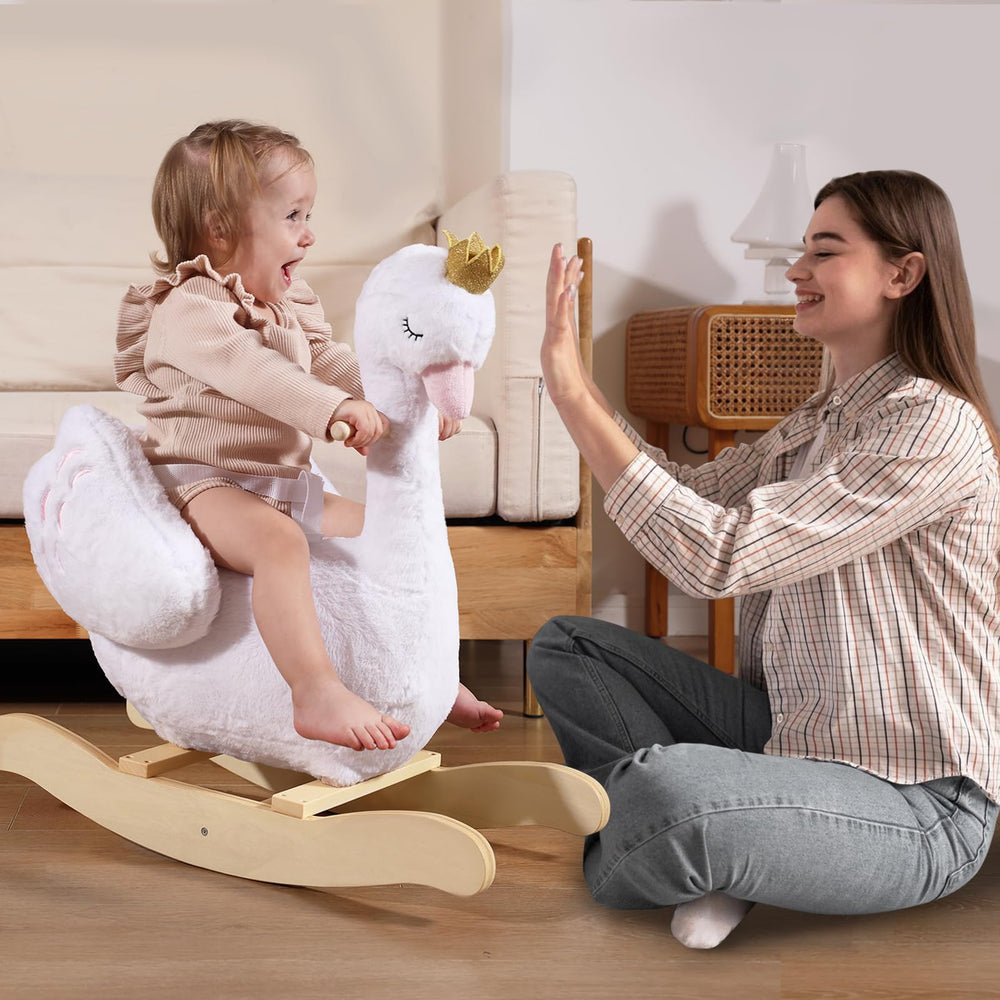 Labebe Kids Rocking Horse White Swan plush fabric close-up conveys soft, cozy rides