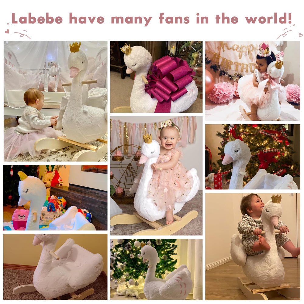 Labebe Kids Rocking Horse White Swan seat-belt view demonstrates secure rocking for toddlers