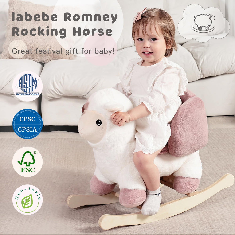 White sheep rocker seat harness close-up showing 3-point safety for growth.