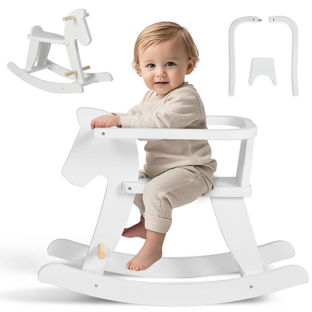 Labebe wooden rocking horse with removable armrests for safe toddler riding.
