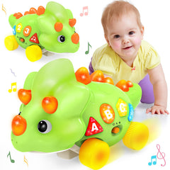 LACCHOUFEE musical dinosaur toy in crawl mode, engaging baby during playtime