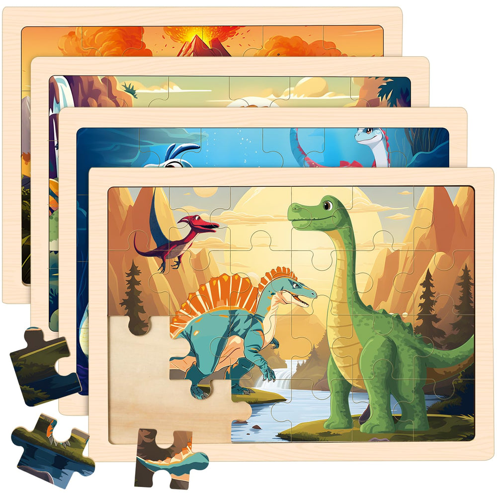LACCHOUFEE wooden dinosaurs puzzles 4-pack for ages 3–5 support fine motor skills and hand-eye coordination.