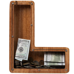 Ladenk large wooden letter piggy bank provides durable savings storage.