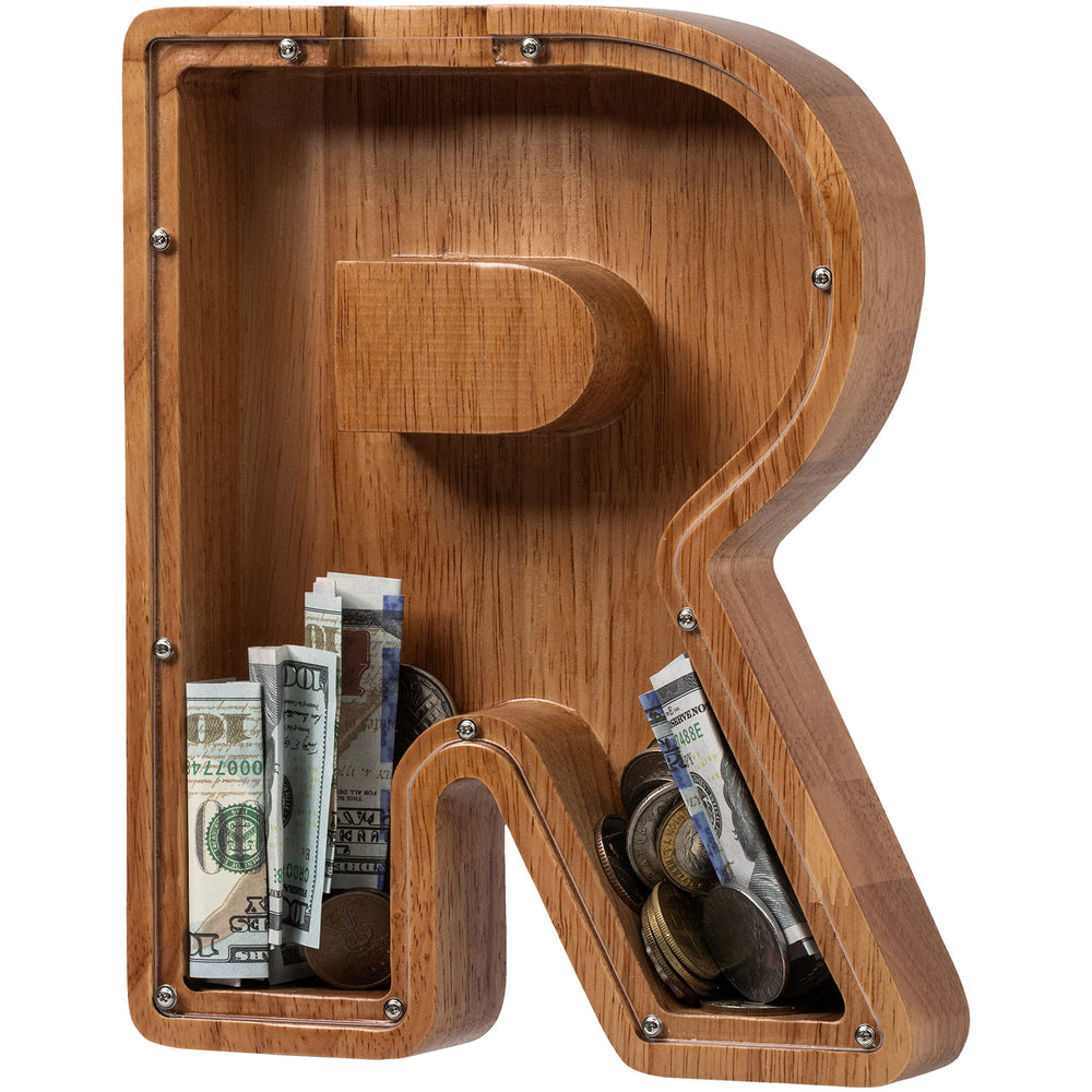 ladenk Large Wooden Letter Piggy Bank front view with initial R for personalized savings