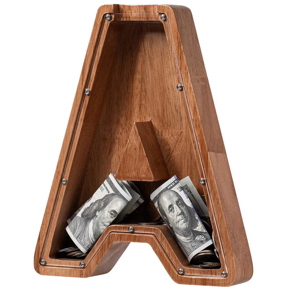 Ladenk Piggy Bank Letter A front view highlights sturdy wood and coin storage