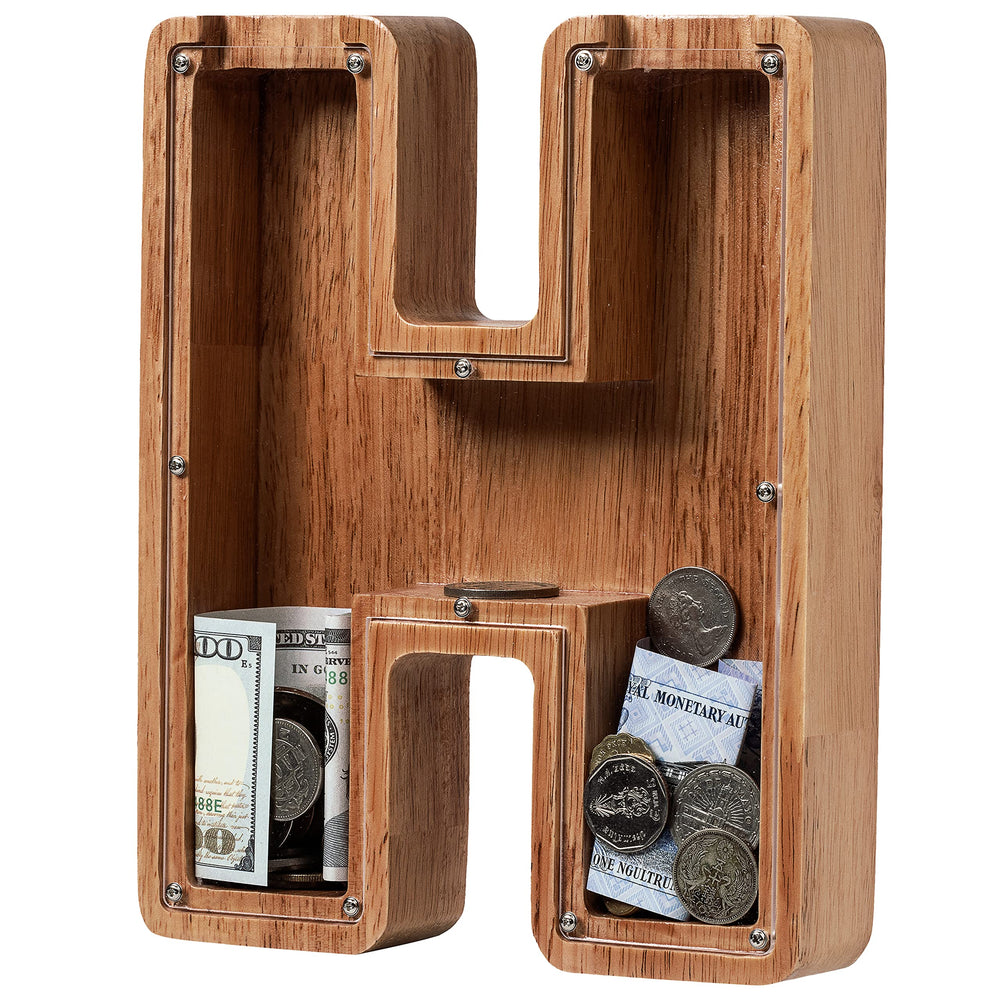 Ladenk Piggy Bank Letter H wood front view encourages early savings with playful design